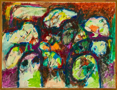 Mogens Balle: "Natdyrenes sikkerhed", 1974. Signed, titled and dated on the reverse. Oil on canvas. 89 x 116 cm. "Natdyrenes sikkerhed" (The safety of nocturnal animals), 1974. Signed, titled and dated on the reverse. Oil on canvas. 89 x 116 cm.