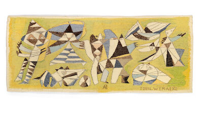 Asger Jorn, Pierre Wemaëre: "Jeux", 1981. Signed Jorn and Wemäere. Unique tapestry. H. 90 cm. L. 217 cm. "Jeux" (Games), 1981. Signed Jorn and Wemäere. Unique tapestry. Exemplaire: 1/1. Woven at Atelier 3, Paris. Catalogue from Galerie Moderne included. H. 90 cm. L. 217 cm. The motif was drawn and p