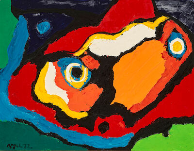Karel Appel: "Romantic eyes", 1972. Signed Appel 72. Acrylic on canvas. 50 x 65 cm. "Romantic eyes", 1972. Signed Appel 72. Acrylic on canvas. 50 x 65 cm.