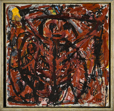 Asger Jorn: "Soloffer" (Sun worship). Signed Jorn 49. Oil on canvas. 45 x 44 cm. "Soloffer" (Sun worship). Signed Jorn 49. Oil on canvas. 45 x 44 cm.