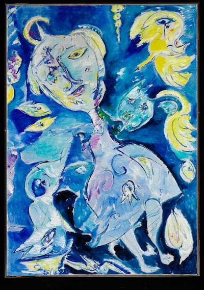 Carl-Henning Pedersen: "Stjernepige og gul fugl", Molesmes 1987. Signed, titled and dated on the reverse. Oil on canvas. 205 x 145 cm. "Stjernepige og gul fugl" (Star girl and yellow bird), Molesmes 1987. Signed, titled and dated on the reverse. Oil on canvas. 205 x 145 cm.