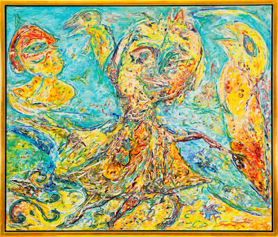 Carl-Henning Pedersen: "Livets dans", Molesmes 1979. Signed, titled and dated on the reverse. Oil on canvas. 110 x 130 cm. "Livets dans" (Dance of life), Molesmes 1979. Signed, titled and dated on the reverse. Oil on canvas. 110 x 130 cm.