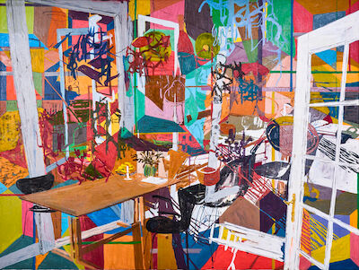 Kaspar Bonnén: "Hvor end jeg ser, dukker nye rum frem", 2011; signed and dated on the reverse. Oil on canvas. 165 x 220 cm. Unframed. "Hvor end jeg ser, dukker nye rum frem" (Wherever I look, new rooms emerge), 2011; signed and dated on the reverse. Oil on canvas. 165 x 220 cm. Unframed.