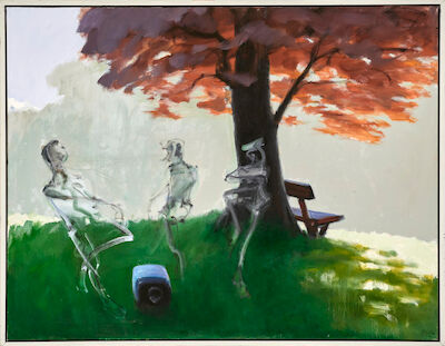 Poul Anker Bech: "Kællingedans omkring en støvsuger", 1996. Signed Bech; signed, titled and dated on the reverse. Oil on canvas. 102 x 132 cm. "Kællingedans omkring en støvsuger" (Hags' dance around a vacuum cleaner), 1996. Signed Bech; signed, titled and dated on the reverse. Oil on canvas. 102 x 1