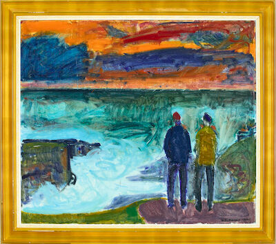 Samuel Joensen-Mikines: The approach to Mykines with a flaming evening sky, The Faroe Islands. Signed S-J-Mikines 1960. Oil on canvas. 96 x 110 cm. The approach to Mykines with a flaming evening sky, The Faroe Islands. Signed S-J-Mikines 1960. Oil on canvas. 96 x 110 cm.