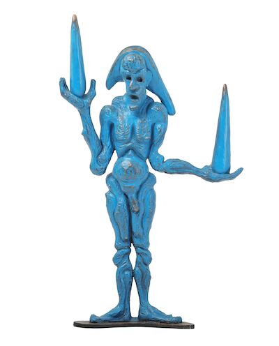 Bjørn Nørgaard: "Art Is What?", 2005. Unsigned. Blue-painted bronze. H. 100 cm. W. 60 cm. "Art Is What?" from the series "Atypiaer I", 2005. Unsigned. Blue-painted bronze. H. 100 cm. W. 60 cm.