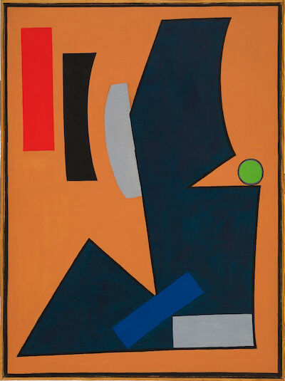 Richard Mortensen: "Opus Tamaris, nr. 4", Tamaris-sur-Mer 14 September 1951. Unsigned. Oil on canvas. 130 x 97 cm. "Opus Tamaris, nr. 4", Tamaris-sur-Mer 14 September 1951. "Espace abstrait classique sous l'influence d'enlèvement de la force de gravitation" (Classic abstract space under the influenc