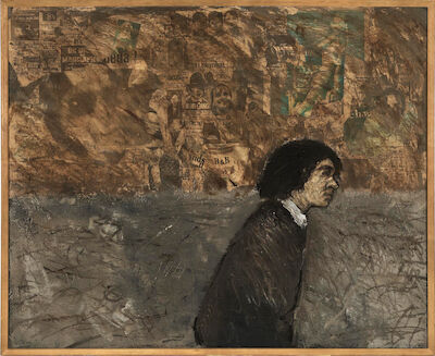 Kurt Trampedach: Walking Man, Rome 1969. Signed and dated on the reverse. Oil on coarse canvas and newspaper mounted on panel. 100 x 122 cm. Walking Man, Rome 1969. Signed and dated on the reverse. Oil on coarse canvas and newspaper mounted on panel. 100 x 122 cm.