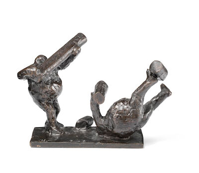 Keld Moseholm: Scene with figure falling. Stamped KM 7-8. Patinated bronze. H. 7.5 cm. W. 12 cm. D. 7 cm. Scene with figure falling. Stamped KM 7-8. Patinated bronze. H. 7.5 cm. W. 12 cm. D. 7 cm.