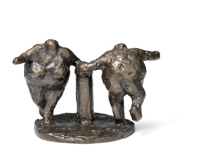 Keld Moseholm: A couple in circular movement. Stamped KM 0-8. Patinated bronze. H. 5 cm. Diam. 9 cm. A couple in circular movement. Stamped KM 0-8. Patinated bronze. H. 5 cm. Diam. 9 cm.