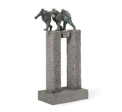 Keld Moseholm: Three men walking on columns. Unsigned. Green patinated bronze and granite. H. 103 cm. W. 55 cm. D. 30 cm. Three men walking on columns. Unsigned. Green patinated bronze and granite. H. 103 cm. W. 55 cm. D. 30 cm.
