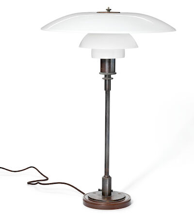 Poul Henningsen: "PH-4,5/3". Rare tall table lamp with single layer opaline glass shades. "PH-4,5/3". Rare tall patinated browned brass table lamp marked "Pat Appl.". Small base with three holes for attachment to desk/table. Single layer opaline glass shades. Manufactured 1926-1928 by Louis Poulsen.