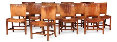 Kaare Klint: "The Red Chair". An early set of 12 chairs with profiled Cuban mahogany frame. (12) "The Red Chair". An early set of 12 chairs with profiled Cuban mahogany frame. Seat and back upholstered with original Niger leather fitted with leather-covered nails. Model 3758. Designed 1927. Made 192