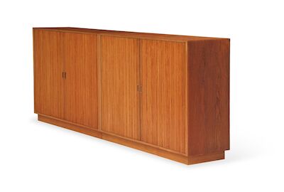 Aksel Bender Madsen, Ejner Larsen: A pair of teak cabinets. Front with two tambour doors. H. 102 cm. W. 130 cm. D. 46 cm. (2) A pair of teak cabinets. Front with two tambour doors. One cabinet fitted with shelves, the other with shelves, pull-out trays and an archive drawer with rosewood handle. Mad