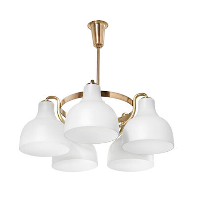 Vilhelm Lauritzen: Patinated brass chandelier. Five opaline glass shades. Patinated brass chandelier. Five opaline glass shades. Made 1940s by Louis Poulsen. H. 70 cm. Diam. 55 cm.