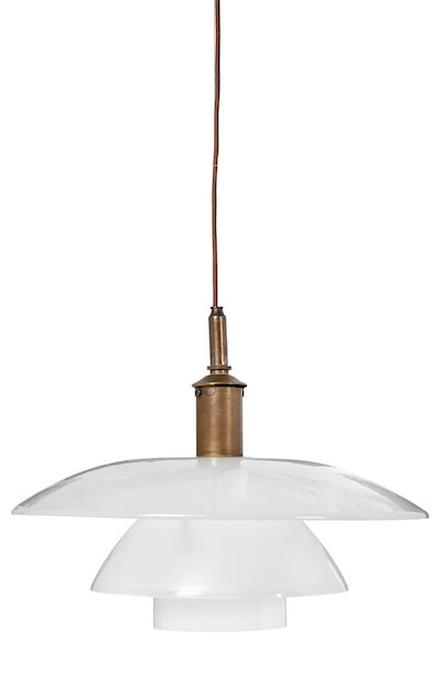 Poul Henningsen: "PH-5/5". Rare, very early pendant with patinated brass bayonet socket house, fitted with frosted glass shades. "PH-5/5". Rare, very early pendant with patinated brass bayonet socket house, fitted with frosted glass shades, bottom bowl partially frosted. Manufactured by Louis Poulse