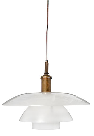 Poul Henningsen: "PH-5/5". Rare, very early pendant with patinated brass bayonet socket house, fitted with frosted glass shades, botom bowl partially frosted. "PH-5/5". Rare, very early pendant with patinated brass bayonet socket house, fitted with frosted glass shades, bottom bowl partially frosted