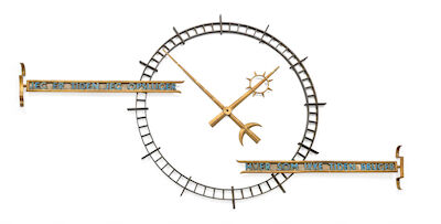 Bent Helweg-Møller: Large circular brass and bronze wall clock. Blue-painted lettering. Large circular brass and bronze wall clock. Blue-painted lettering. Made 1928. Diam. 120/200 cm.
