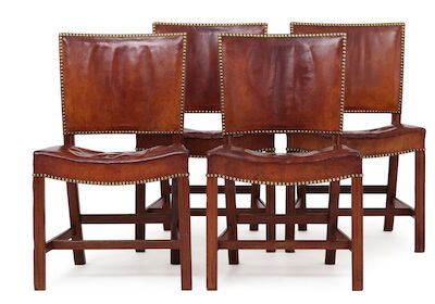 Kaare Klint: "The Red Chair". Set of four mahogany chairs. Upholstered with original patinated Niger leather. (4) "The Red Chair". Set of four mahogany chairs with profiled frame. Seat and back upholstered with original patinated Niger leather, fitted with brass nails. Model 4751. Designed 1933. Mad
