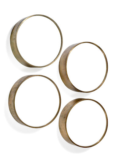 Palle Suenson: Set of four circular ceiling lamps with brass frame, white acrylic bottom shade. (4) Set of four circular ceiling lamps with brass frame, white acrylic bottom shade. Designed and made approx. 1962 for Burmeister & Wain's administration building, Torvegade, Copenhagen. Diam. 40 cm. D. 