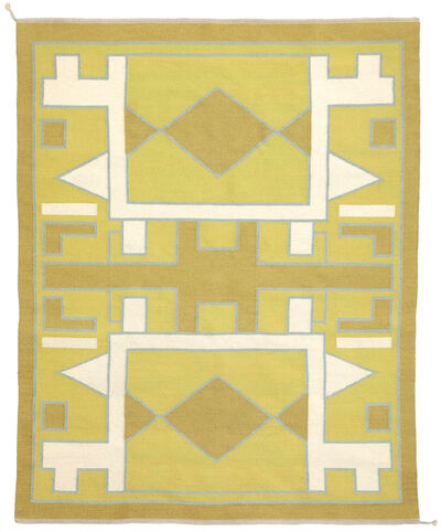 Anna Thommesen: A handwoven wool carpet in flatweave technique. Geometric pattern in shades of yellow, green and white. A handwoven wool carpet in flatweave technique. Geometric pattern in shades of yellow, green and white. This example designed and made 1990s by Anna Thommesen. Unique. L. 187 cm. W