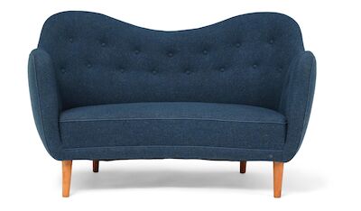 Finn Juhl: "BO 55". Freestanding two seater sofa with round, tapering beech legs. Upholstered with blue wool. L. 130 cm. "BO 55". Freestanding two seater sofa with round, tapering beech legs. Seat, sides and back upholstered with blue wool. Back and sides fitted with buttons. Designed 1946. Made by 