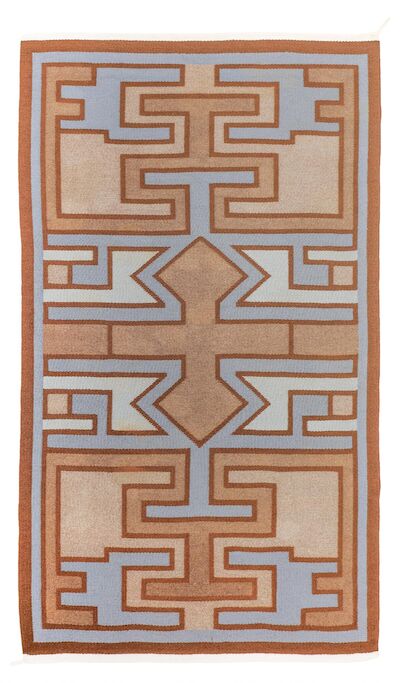 Anna Thommesen: A handwoven wool carpet in flatweave technique. Geometric motif in shades of brown and blue. L. 236 cm. W. 147 cm. A handwoven wool carpet in flatweave technique. Geometric motif in shades of brown and blue. This example designed and made by Anna Thommesen. Unique. L. 236 cm. W. 147