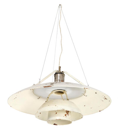 Poul Henningsen: "PH-8/6 The Tennis Lamp". A rare, large wire mounted pendant with nickel plated metal and aluminum socket house. "PH-8/6 The Tennis Lamp". A rare, large wire mounted pendant with nickel plated metal and aluminum socket house. White lacquered aluminium shades. Top shade's middle sect