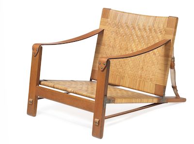 Børge Mogensen: Extremely rare oak hunting chair. Seat and back with woven cane. Armrests and straps of full grain leather. Brass fittings. Extremely rare oak hunting chair. Seat and back with woven cane. Armrests and straps of full grain leather. Brass fittings. Designed 1955. Made and marked by ca