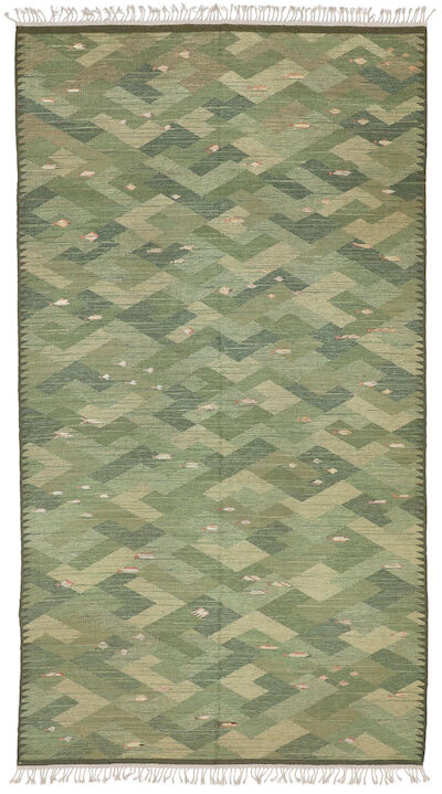 Elsa Gullberg, attributed to: "Fiskar". Handwoven flatweave wool carpet. Stylized fish motifs on green base. "Fiskar" (Fishes). Handwoven flatweave wool carpet. Stylized fish motifs on green base. Not signed. Designed 1940s, Sweden. L. 495 cm. W. 270 cm.