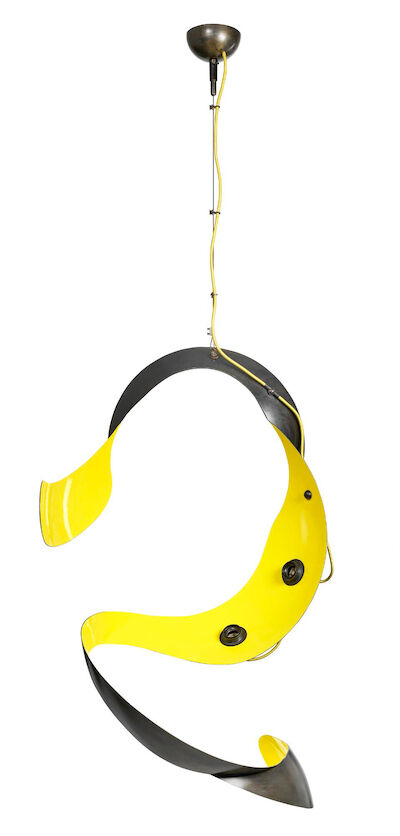 Konrad Friedel: Sculptural steel pendant. Interior yellow painted. Designed 2015. Sculptural steel pendant with two sockets. Interior yellow painted. Model ST 50. Designed 2015. Manufactured ca. 2015 by Konrad Friedel, Austria. H. excl. suspension 86 cm. W. 59 cm.