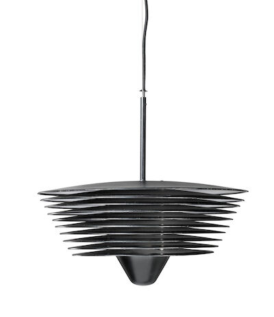 Simon Starling, Superflex: "Blackout". Black lacquered metal pendant. Unsigned. H. 50 cm. Diam. 50 cm. "Blackout". Black lacquered metal pendant. Unsigned. H. 50 cm. Diam. 50 cm.