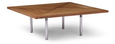 Poul Kjærholm: "PK 140". Square sofa table of mahogany with steel legs. H. 48 cm. L./W. 140 cm. "PK 140". Coffee table with square mahogani top with cross inlay. Cylindrical brushed steel legs. Designed 1971. Manufactured by PP Møbler. H. 48 cm. L./W. 140 cm.