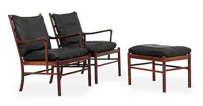 Ole Wanscher: "Colonial". A pair of easy chairs and stool with Brazilian rosewood frame. Cushions in seat and back upholstered with black leather. (3) "Colonial". A pair of easy chairs and stool with Brazilian rosewood frame. Cushions in seat and back upholstered with black leather. Model PJ 149. De
