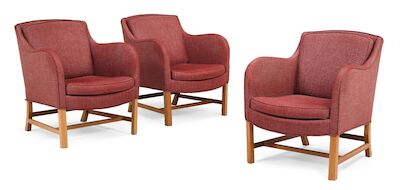 Kaare Klint: "Mix". Set of three easy chairs with mahogany frame. Upholstered with purple wool. (3) "Mix". Set of three easy chairs with mahogany frame. Seat, sides and back upholstered with purple wool. Model 4396. Designed 1937. Made by Rud. Rasmussen Cabinetmakers, 1980s. (3)