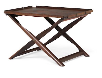 Kaare Klint: "Propeller Stool". Propeller-shaped folding stool in smoked ashwood with accompanying tray. Seat upholstered with patinated leather. "Propeller Stool". Propeller-shaped folding stool in smoked ashwood with accompanying tray. Seat upholstered with original, patinated, brown leather. Mode
