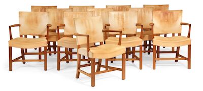 Kaare Klint: "The Red Chair". Set of 12 armchairs with mahogany frame. Upholstered with patinated, natural leather. (12) "The Red Chair". Set of 12 armchairs with mahogany frame. Seat and back upholstered with patinated natural leather. Model 3758A. Designed 1930. Made by Rud. Rasmussen Cabinetmaker