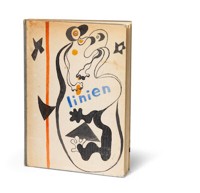 Ejler Bille: "Linien". Bound periodicals with 3 original drawings by Ejler Bille. Bound copy in one volume of "Linien nos. 1-12", "Linien 1937" and "Linien" catalogue for Studenterforeningen 1939. Binding and drawings executed c. 1940. The front cover signed E. Bille. Front and back covers are origi