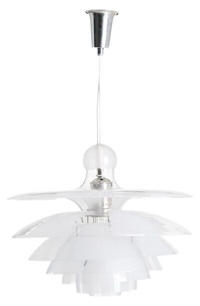 Poul Henningsen: "PH-Septima 5". Pendant with sockethouse of nickel plated metal, seven shades of clear glass, alternate frosted fields. Marked "Pat. Appl.". "PH-Septima 5". Pendant with sockethouse of nickel plated metal, seven shades of clear glass, alternate frosted fields. Marked "Pat. Appl.". M