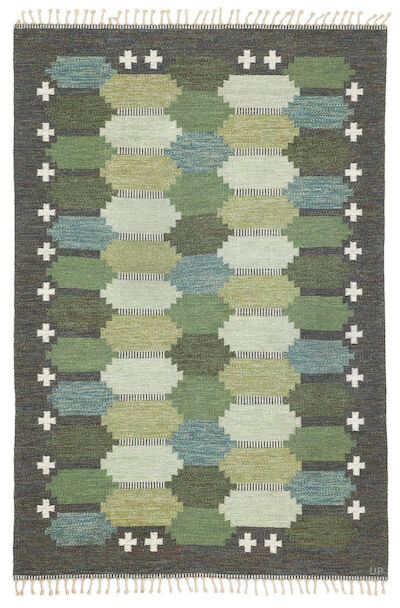 Ulla Parkdal: Handwoven wool carpet in "rölakan" flatweave technique. Pattern in shades of green. L. 248 cm. W. 165 cm. Handwoven wool carpet in "rölakan" flatweave technique. Pattern in shades of green. Signed UP. Made ca. 1960s, Sweden. L. 248 cm. W. 165 cm.