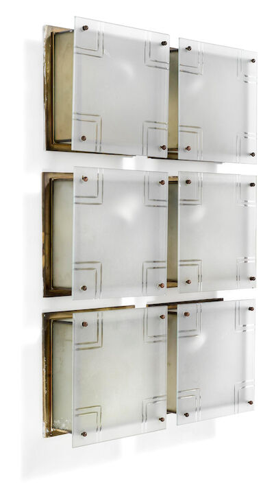 Danish design: A set of six ceiling lights with brass frames and frosted glass shades. Made 1920s. (6) A set of six ceiling lights with brass frames. Frosted glass shades with polished geometric corner decorations. Made 1920s. H. 9 cm. D./L. 22 cm.