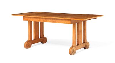 Cathrine Mathilde Horsbøl: Birch dining table with extension and two extra leaves. Legs with volutes. (3) Birch dining table with extension and two extra leaves. Legs with volutes. Made ca. 1900. H. 77 cm. L. 124/268 cm. (3)