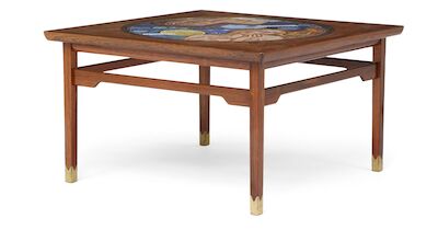 Acton Bjørn, Paul Toubro: A unique Brazilian rosewood coffee table with sculptural brass "shoes". Square top with circular mosaic. A unique Brazilian rosewood coffee table with sculptural brass "shoes". Square top with circular mosaic motif depicting two women, brass frame. Designed and made approx.