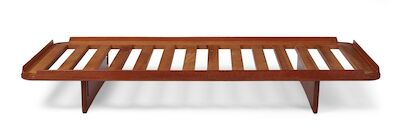 Grete Jalk: Oregon pine daybed on base frame, frame with partially moulded edge. Manufactured by P. Jeppesen. H. 27 cm. L. 200 cm. W. 111 cm. Oregon pine daybed on base frame, frame with partially moulded edge. Manufactured by P. Jeppesen. H. 27 cm. L. 200 cm. W. 111 cm.