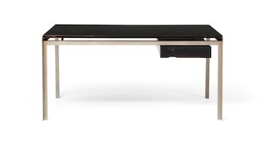 Poul Kjærholm: "Academy table". Desk with metal frame. Top and drawer section of black painted wood. "Academy table". Desk with metal frame. Top and drawer section of black painted wood. Made approx. 1960s by Rud. Rasmussen Cabinetmakers, Copenhagen. H. 68.5 cm. L. 140 cm. W. 85 cm.