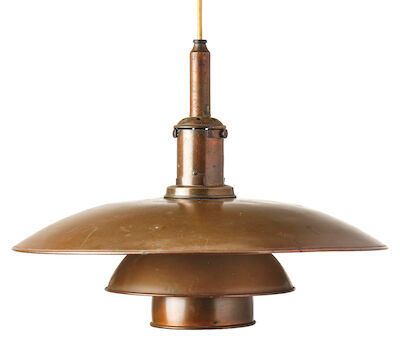 Poul Henningsen: "PH-4/3". Pendant with patinated brass socket house marked "Pat Appl.". Patinated copper shades. Poul Henningsen: "PH-4/3". Pendant with patinated brass socket house marked "Pat Appl.". Patinated copper shades with later white inside lacquer. Manufactured 1926-1928 by Louis Poulsen.