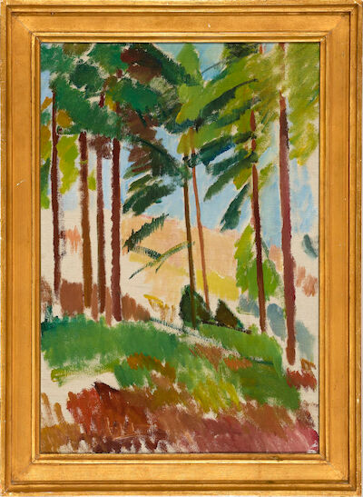 Karl Isakson: "Skogslandskap, Småland". 1915. Unsigned. Oil on canvas. 62 x 42 cm. "Skogslandskap, Småland". 1915. Unsigned. Inscribed on the reverse: Malet af K. Isakson. Attesteres Viggo Madsen & Aage Roose. Oil on canvas. 62 x 42 cm.