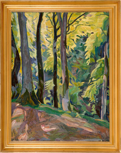 Edvard Weie: "Skovinteriør", presumably painted in Frederiksværk 1909. Signed EV. Oil on canvas. 79 x 62 cm. "Skovinteriør" (Forest interior), presumably painted in Frederiksværk 1909. Signed EV. Oil on canvas. 79 x 62 cm.