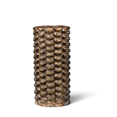 Axel Salto: A cylindrical stoneware vase modelled in budded style. Signed SALTO, 1941. H. 15 cm. A cylindrical stoneware vase modelled in budded style. Decorated with dark brown glaze with some ochre and green elements. Signed SALTO, 1941. H. 15 cm. Diam. 7 cm.
