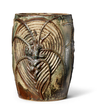 Axel Salto: A large stoneware vase modelled with "Living Stones". Decorated with Sung glaze with blue elements. H. 39 cm. A large stoneware vase modelled with "Living Stones". Decorated with Sung glaze with blue elements. Signed SALTO. Royal Copenhagen. Designed 1944. H. 39 cm. Diam. 27-28 cm.